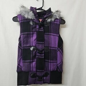 Vtg OP Ocean Pacific Sz Small Purple Plaid Fur Fur Vest Y2K Toggle Zip Hooded
